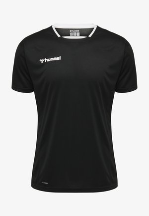 Sort sport T-shirt med kortærmer og hvid krave, med et logo på øverste venstre bryst og et åndbart tekstureret stof.