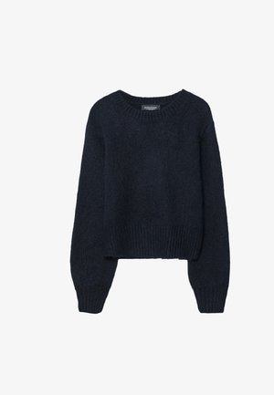 Maglione corto blu navy realizzato in tessuto morbido e strutturato, con scollo rotondo e polsini e orlo a coste.