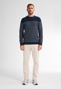 Pulover în dungi navy cu decolteu rotund, fabricat dintr-un material moale. Purtați cu pantaloni bej și adidași în nuanțe neutre. Design simplu și curat.