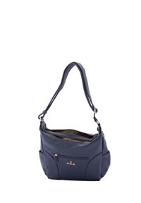 Navy blauwe leren handtas met textuurafwerking, twee pockets, een afneembare schouderriem en een geassorteerd hoofdvak met rits. Inclusief goudkleurige accenten.