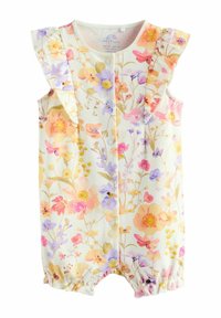 Combinaison infantile florale avec un fond crème clair, des fleurs roses vives, violettes et jaunes. Présente des accents à volants sur les épaules et des fermetures à boutons-pression.