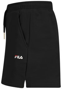Shorts de sport noirs en tissu lisse, dotés d'une ceinture élastique, de poches latérales, et d'un petit logo FILA en rouge et blanc.