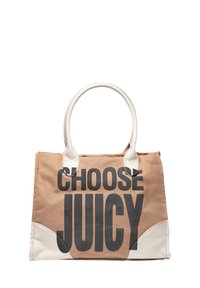 Borsa a tracolla in tela color beige con testo nero "SCEGLI SUCCULENTO." Presenta dettagli in pelle color crema e due manici robusti.