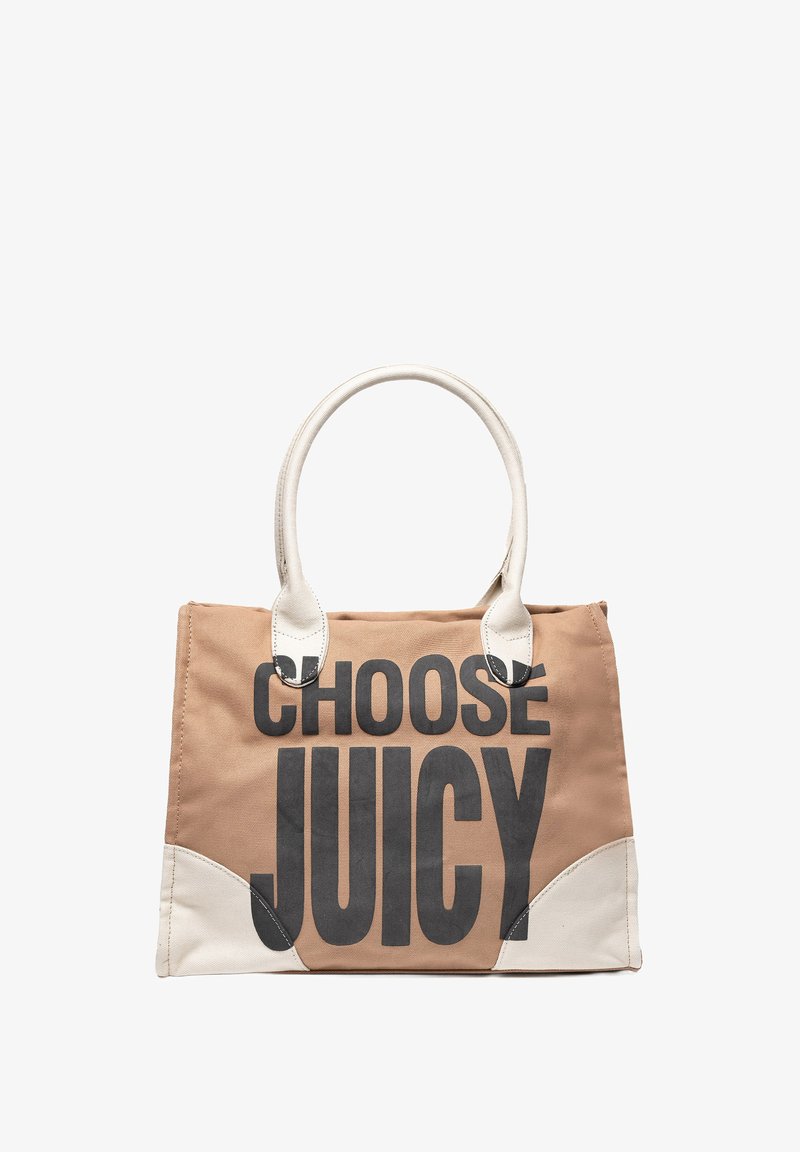 Borsa a tracolla in tela color beige con testo nero "SCEGLI SUCCULENTO." Presenta dettagli in pelle color crema e due manici robusti.