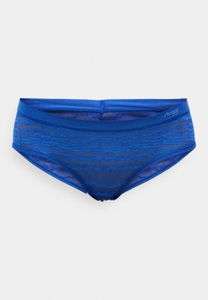 Blauwe high-waisted slipjes van soepel fabric met een doorzichtige kanten patroon. Kenmerkt zich door een stevige tailleband en een subtiele logo detail.