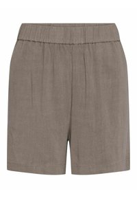 Shorts en lin marron clair avec une taille élastique, présentant une coupe décontractée, une texture douce et des ourlets légèrement retroussés.