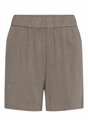 Light brown linen shorts with an elastic waistband, featuring a relaxed fit, soft texture, and slightly rolled hems.