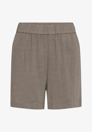 Hellbraune Leinen-Shorts mit elastischem Bund, entspannter Passform, weicher Textur und leicht umgeschlagenen Säumen.