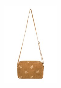 Braune Corduroy-Umhängetasche mit floralen Stickereien. Rechteckige Form, Reißverschlussverschluss und verstellbarer Riemen. Glatte Textur mit detailreichen Akzenten.