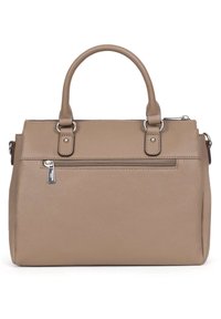 Borsa in finta pelle marrone con manici doppi, una tasca frontale con zip e dettagli in hardware argentato. Forma rettangolare con superficie testurizzata.