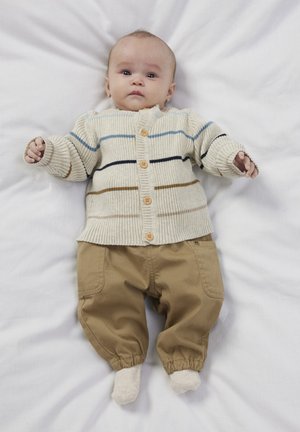 Pleteni krem kardigan z modrimi in rjavimi črtami, z lesenimi gumbi, v kombinaciji s svetlo rjavimi bombažnimi hlačami in svetlimi nogavicami, razporejen na belem ozadju.
