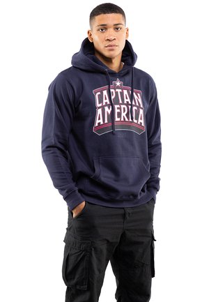 Navy blue hoodie with a large "Captain America" graphic. Features a front pocket, drawstring hood, and ribbed cuffs. Cotton material.