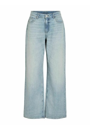 Jean denim bleu clair à jambes larges avec fermeture à boutons et à glissière à l'avant, passants pour ceinture, et poches avant et arrière.