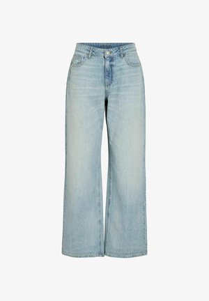 Gaismas zila plata piegriezuma džinsa bikses ar priekšpuses pogu un rāvējslēdzēja aizdari, jostas cilpām, kā arī priekšpusē un aizmugurē kabatām.