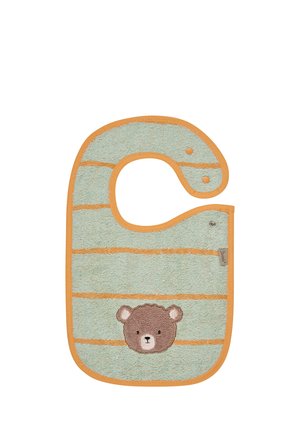 Light green baby bib with orange stripes and edging, featuring a brown bear face embroidered at the bottom center and two snap buttons at the neck.