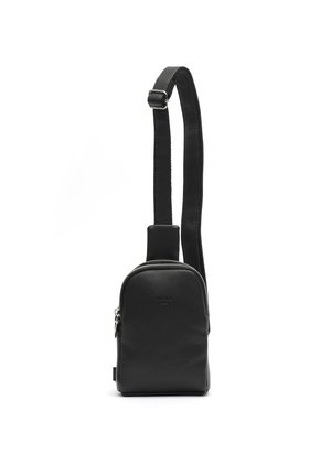 Black leather sling bag with a smooth texture, rounded shape, a zip closure, and an adjustable strap. Features a logo embossed on the front.