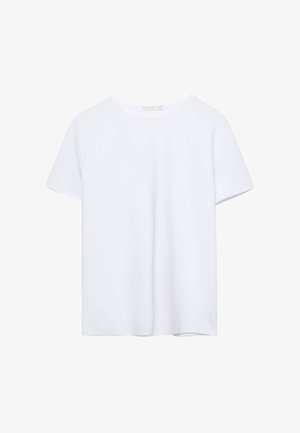 Čista bela majica s kratkimi rokavi in okroglim ovratnikom, z ravnim robom, prikazana na beli podlagi.