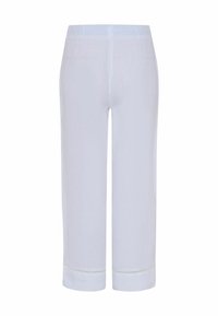Pantalons blancs coupés avec jambes droites et taille élastique, présentés de dos sur un fond blanc.
