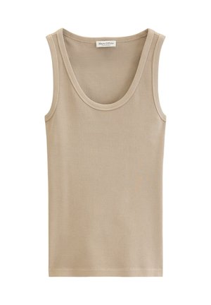 Beige geripptes ärmelloses Tanktop mit Rundhalsausschnitt, Label "Marc O’Polo" sichtbar im Krageninneren.