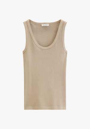 Débardeur beige côtelé sans manches avec encolure dégagée, label "Marc O’Polo" visible à l'intérieur du col.