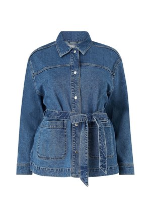 Denimjacket, blauw, met een aansluitende snit, tailleband, knoopsluiting aan de voorkant, twee grote borstzakken en een puntige kraag. Gelaagd textiel.