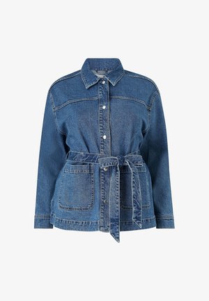 Denimjacket, blauw, met een aansluitende snit, tailleband, knoopsluiting aan de voorkant, twee grote borstzakken en een puntige kraag. Gelaagd textiel.