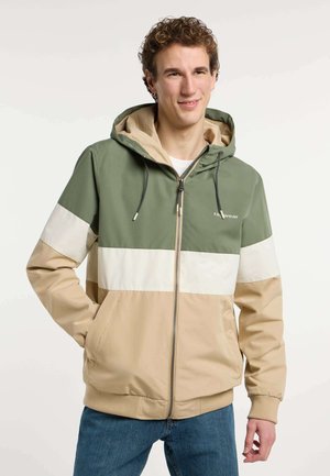 Hooded jacket in green, cream, and beige, features zipper closure, side pockets, and elastic cuffs. Made from lightweight material.