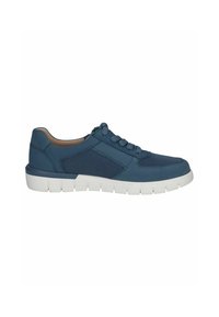 Blue sneaker with a mesh and smooth upper, round toe, flat laces, and a thick white rubber sole. Features panels on the sides for added design.