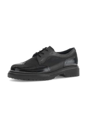 Scarpa oxford in pelle nera con finitura lucida, pannelli testurizzati e suola in gomma con battistrada per trazione. Design classico con lacci.
