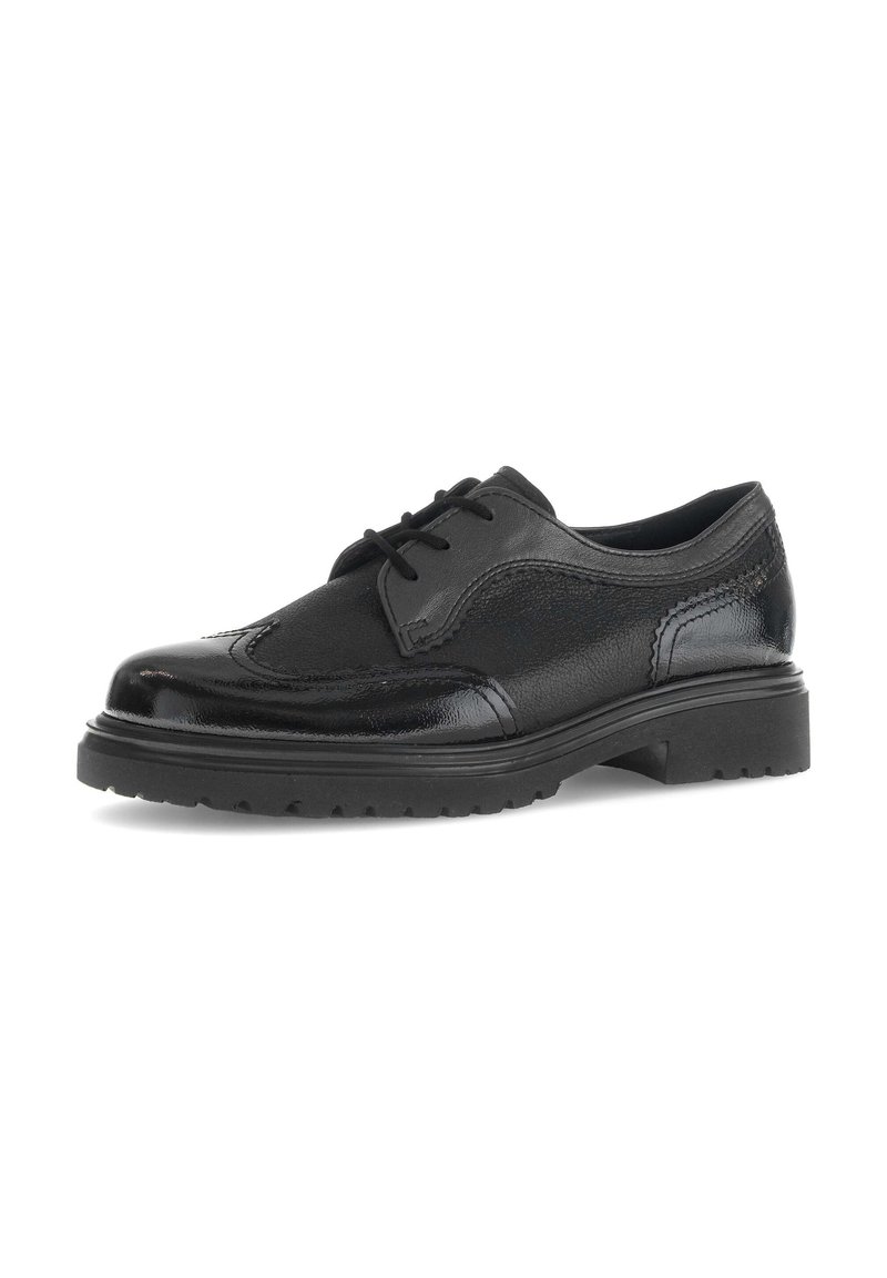 Scarpa oxford in pelle nera con finitura lucida, pannelli testurizzati e suola in gomma con battistrada per trazione. Design classico con lacci.