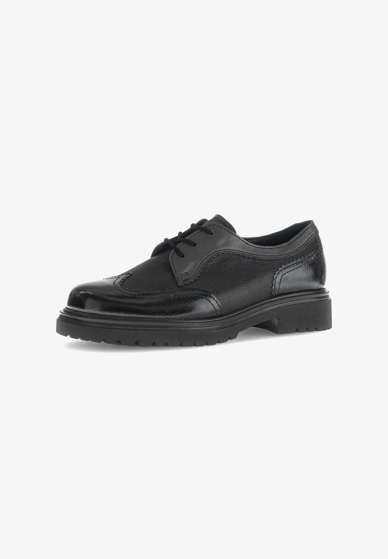 Scarpa oxford in pelle nera con finitura lucida, pannelli testurizzati e suola in gomma con battistrada per trazione. Design classico con lacci.