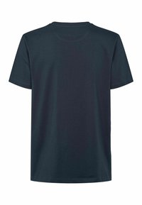 T-shirt à manches courtes bleu marine foncé uni, vue de dos, avec un col rond et une coupe standard.