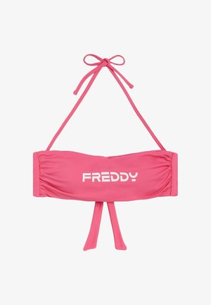 Vaaleanpunainen bandeau-bikinitoppi, jossa on solmittava kaularemmi ja valkoinen "FREDDY"-logo keskellä edessä.