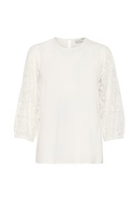 White blouse featuring sheer lace puff sleeves, round neckline, and keyhole back detail. Soft, lightweight fabric with delicate texture.