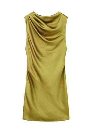 Top sans manches vert avec un dos drapé, en tissu lisse et doux, avec une texture subtile. Encolure ronde, style minimaliste.