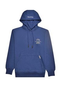 Felpa blu navy realizzata in tessuto morbido, con tasca frontale a marsupio, cappuccio con cordini e testo ricamato: "1988" e "Atelier Racing."