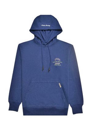 Laivansinis huppari, joka on valmistettu pehmeästä kankaasta, jossa on edessä kenguru-tasku, naru-huppu ja brodeeratut tekstit: "1988" ja "Atelier Racing."