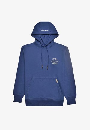 Navy blauwe hoodie van zacht materiaal, met een voorkangoeroezak, een capuchon met trekkoord en geborduurde tekst: "1988" en "Atelier Racing."