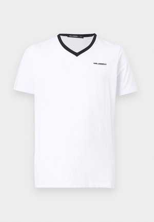 Wit T-shirt met korte mouwen en een V-hals, met zwarte bies op de kraag en een klein "KARL LAGERFELD"-logo op de linkerborst.
