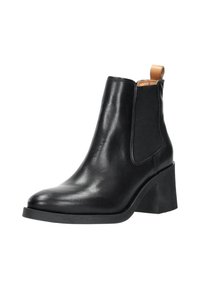 Zwarte leren enkelboot met elastische zijkanten, ronde neus en heel-tab. Beschikt over een chunk zwarte hak en een gladde textuur.