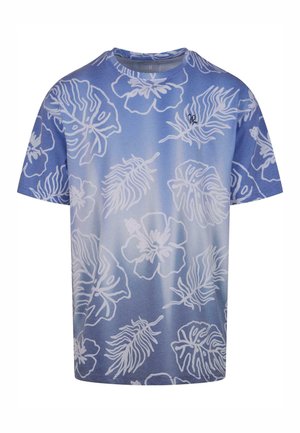 Short-sleeve t-shirt in gradient blue with white floral and leaf patterns. Crew neck design, soft fabric, and relaxed fit.