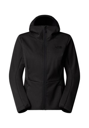 Black fleece jacket with a fitted hood, full-length zipper, and two front pockets. Features a textured finish and a small brand logo.