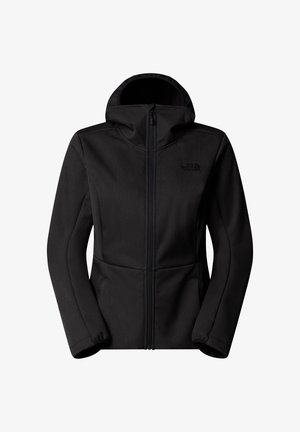 Sort fleecejakke med en tætsiddende hætte, lynlås i fuld længde og to forlommer. Har en struktureret overflade og et lille mærkelogo.