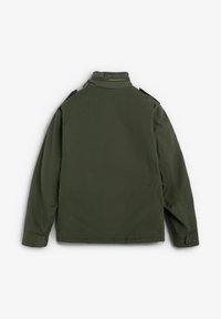 Olive green bomber jacket with a high collar and zipper at the back, featuring long sleeves and buttoned cuffs, made from durable fabric.