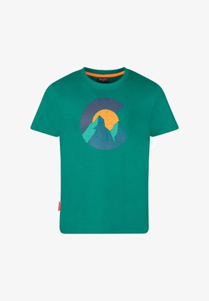 Teal pamučna majica s kratkim rukavima i okruglim izrezom, sa simboličnim grafičkim prikazom planina i sunca u žutoj i plavoj boji.