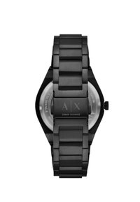 Czarny zegarek metalowy z masywnym bransoletowym designem, z polerowaną powierzchnią i wyraźnym logo. Okrąła tarcza z przezroczystym tyłem.