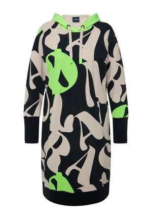 Hooded dress in black, beige, and neon green with abstract letter patterns. Made of soft fabric; features drawstring and long sleeves.