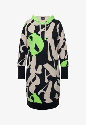 Zwart, beige en neon groene hoodie jurk met abstracte letterpatronen. Gemaakt van zachte stof; voorzien van een trekkoord en lange mouwen.