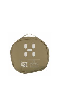 Bolsa de viaje redonda de color verde oliva con un asa, con texto y gráficos impresos en blanco, etiquetada como "Lava 90L". Exterior duradero y acolchado.