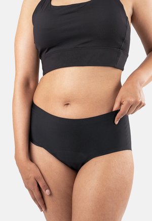 Black athletic bra and matching high-waisted brief made of smooth, stretch fabric. Features a simple design with no visible patterns or accents.